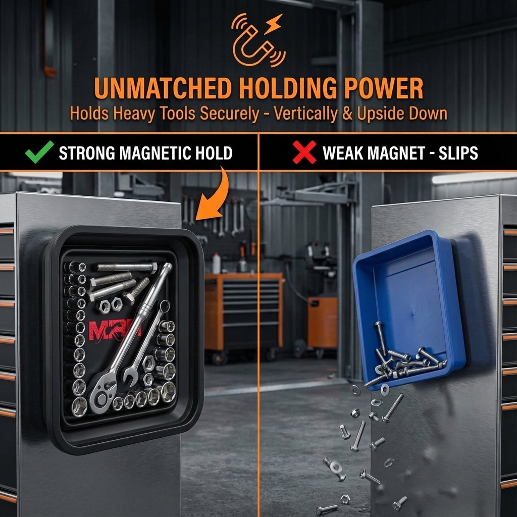 Black MRA magnetic tray holding tools on a vertical steel surface next to a weak tray dropping parts