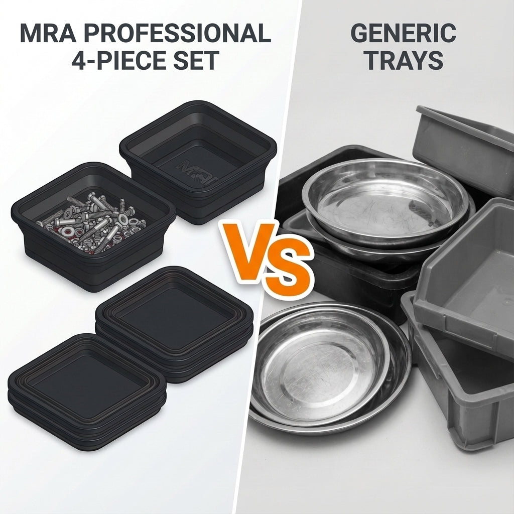 MRA black 4-piece magnetic tray set compared with generic metal and plastic trays