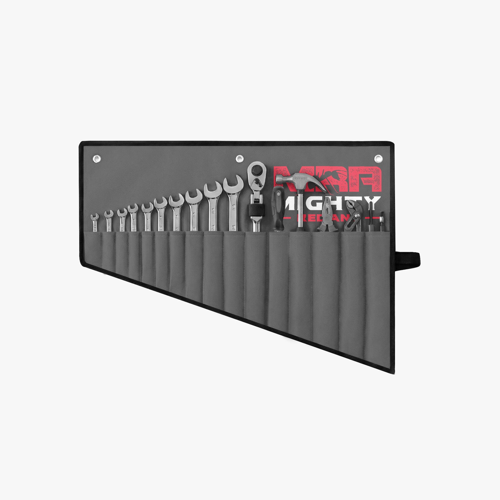 Grey canvas hanging tool roll with Mighty Red Ant logo, pockets filled with wrenches and a ratchet