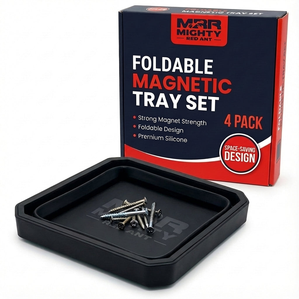 Mighty Red Ant foldable magnetic tray set 4-pack box with a black collapsible tray holding screws