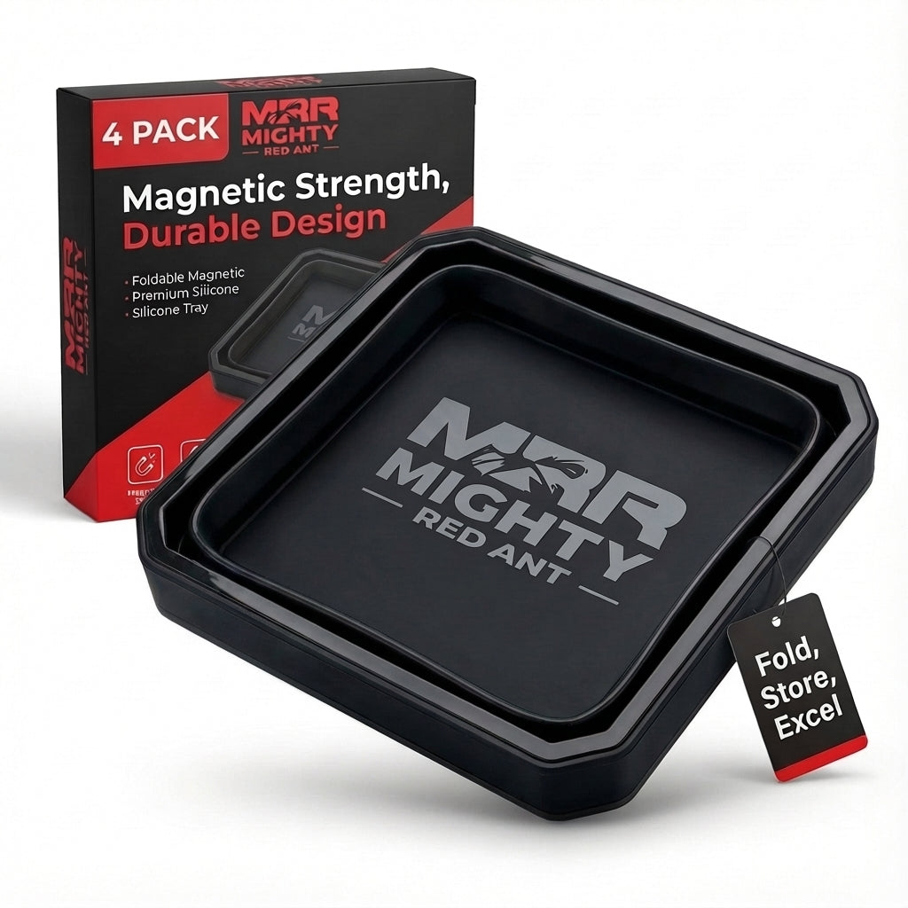 Mighty Red Ant foldable magnetic tray set 4-pack box with a black collapsible tray holding screws