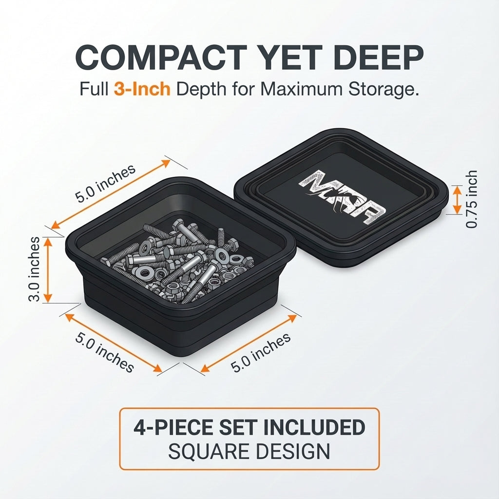 Size diagram of the black square magnetic tray: 5 x 5 inches, 3 inches deep, 0.75 inch when collapsed
