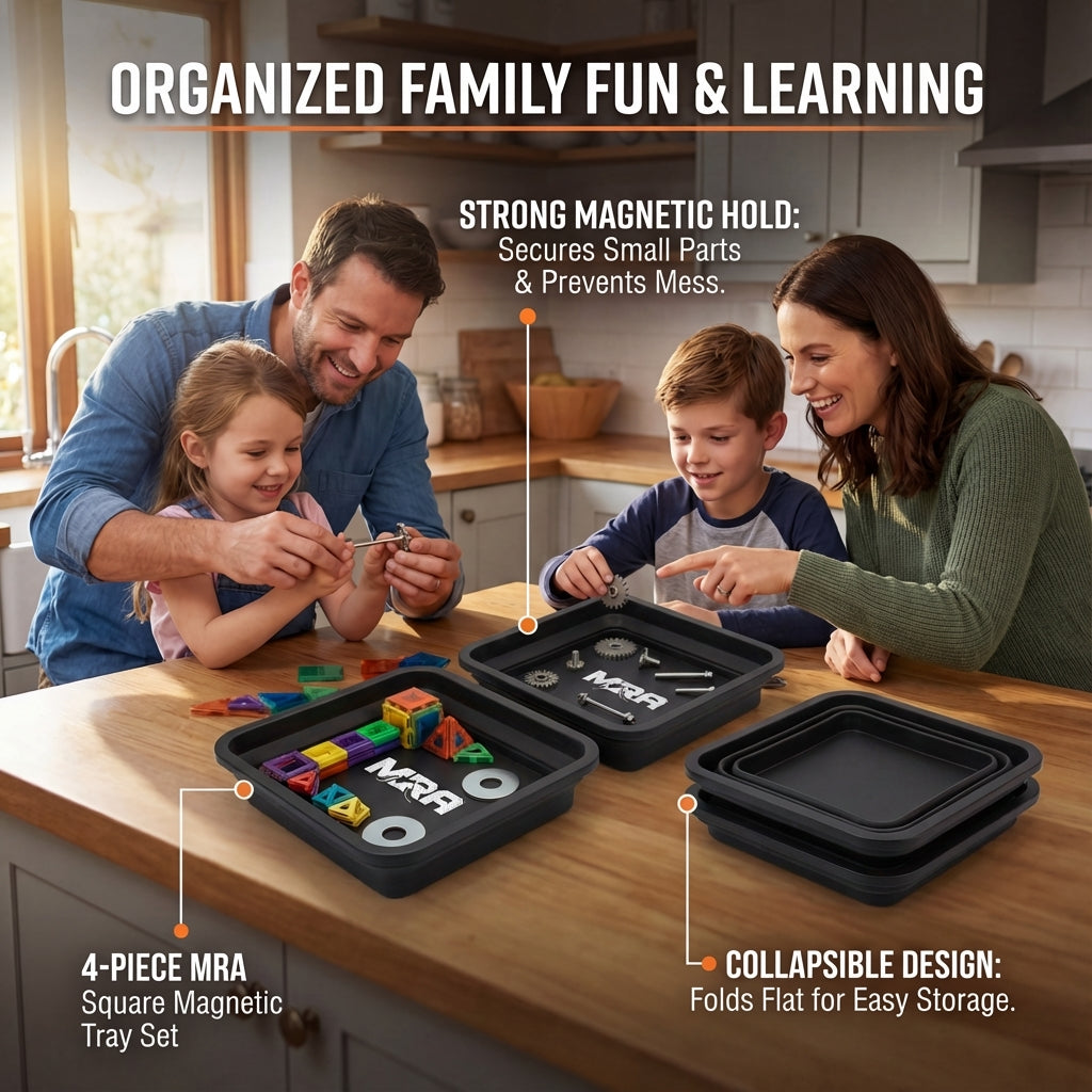 Family sorting small parts into black collapsible magnetic trays at a kitchen counter