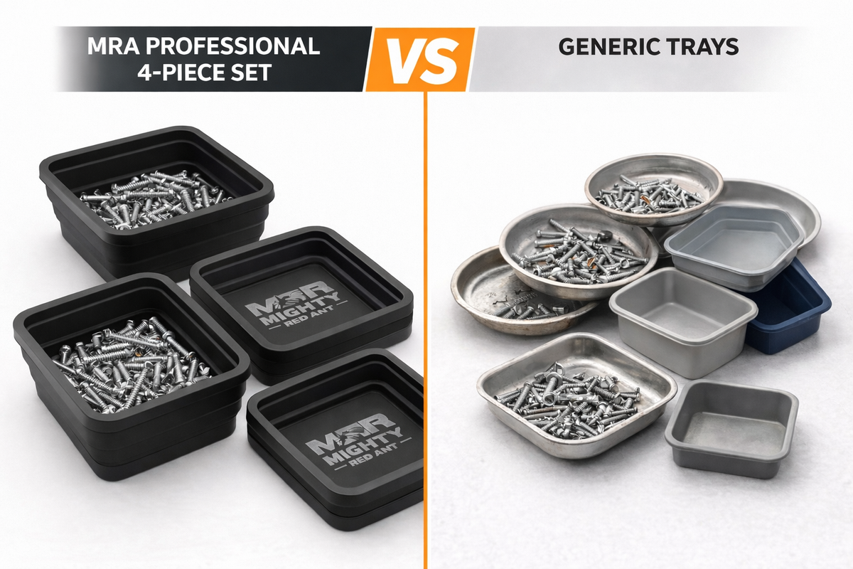 Four black MRA magnetic trays filled with screws next to a set of generic metal trays