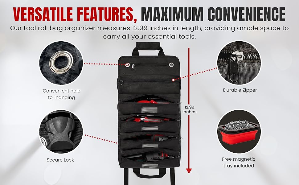 Tool roll bag for mechanics,Durable tool organizer bag,Compact tool roll storage,Magnetic parts tray,Magnetic tray for screws and bolts,Magnetic tray for screws and bolts,Heavy-duty tool roll bag,Small parts magnetic organizer,Tool roll with compartments,Magnetic tray for workshop use