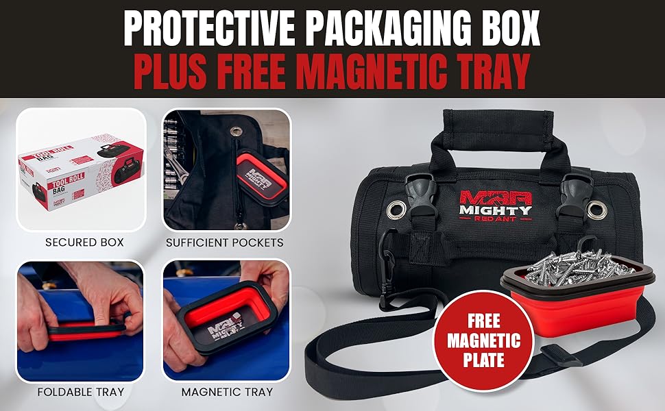 Tool roll bag for mechanics,Durable tool organizer bag,Compact tool roll storage,Magnetic parts tray,Magnetic tray for screws and bolts,Magnetic tray for screws and bolts,Heavy-duty tool roll bag,Small parts magnetic organizer,Tool roll with compartments,Magnetic tray for workshop use