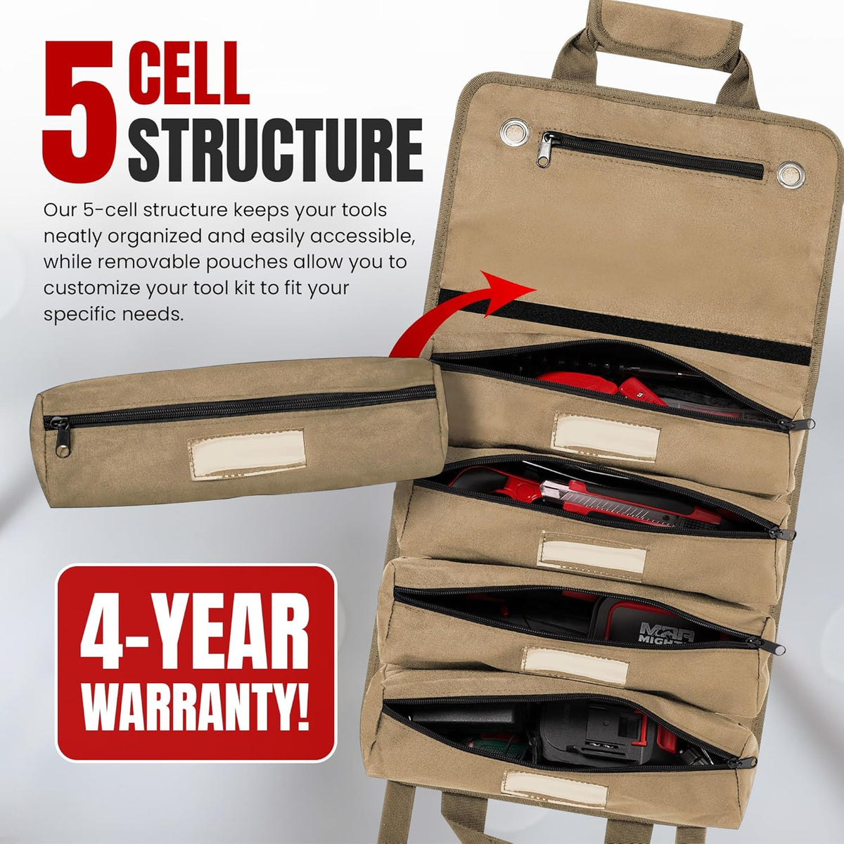 Khaki Tool Roll Bag Organizer with Magnetic Plate