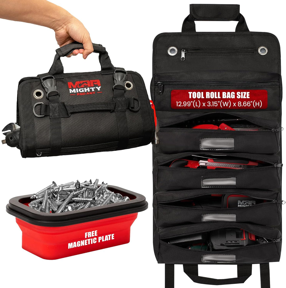 Tool roll bag for mechanics,Durable tool organizer bag,Compact tool roll storage,Magnetic parts tray,Magnetic tray for screws and bolts,Magnetic tray for screws and bolts,Heavy-duty tool roll bag,Small parts magnetic organizer,Tool roll with compartments,Magnetic tray for workshop use