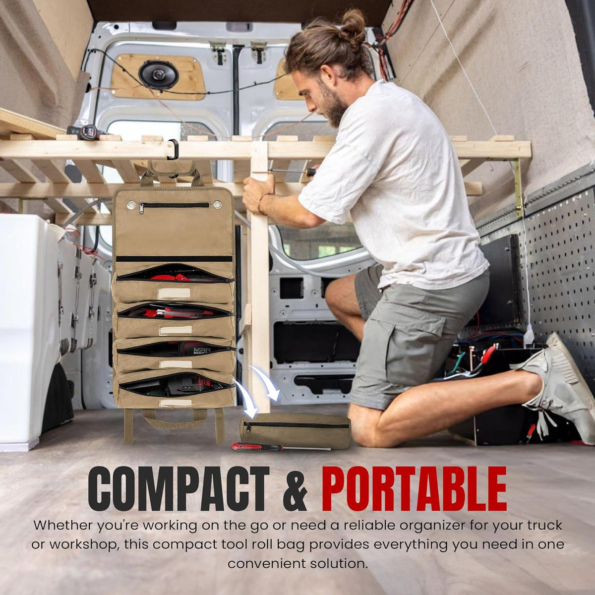 Khaki Tool Roll Bag Organizer with Magnetic Plate