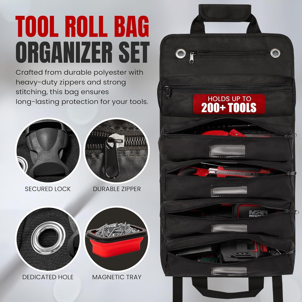 Tool roll bag for mechanics,Durable tool organizer bag,Compact tool roll storage,Magnetic parts tray,Magnetic tray for screws and bolts,Magnetic tray for screws and bolts,Heavy-duty tool roll bag,Small parts magnetic organizer,Tool roll with compartments,Magnetic tray for workshop use
