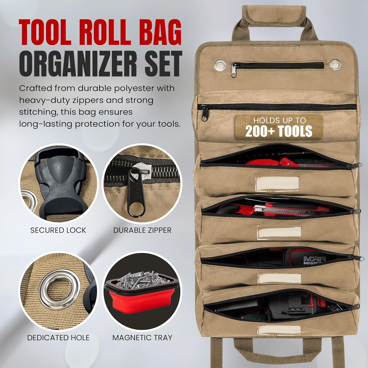 Khaki Tool Roll Bag Organizer with Magnetic Plate