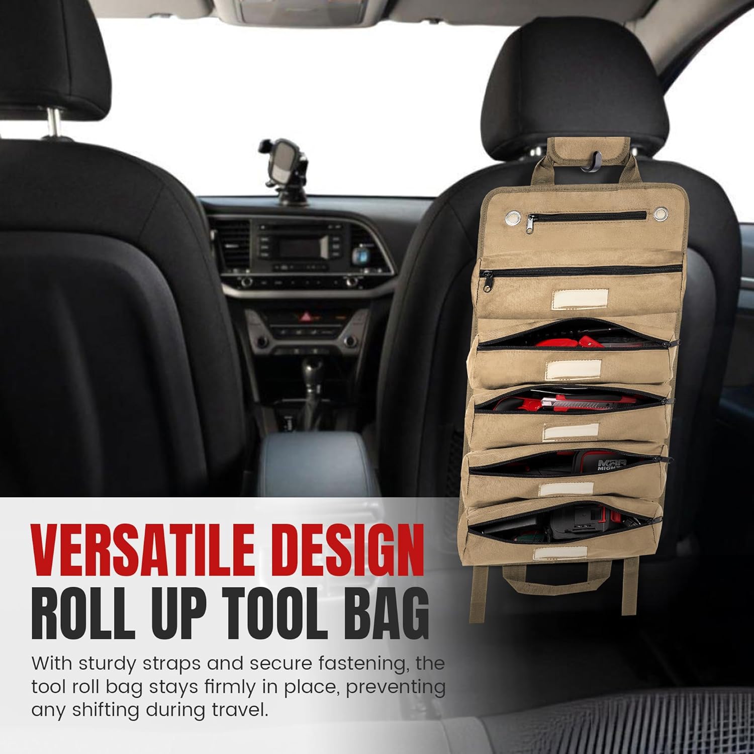 Khaki Tool Roll Bag Organizer with Magnetic Plate