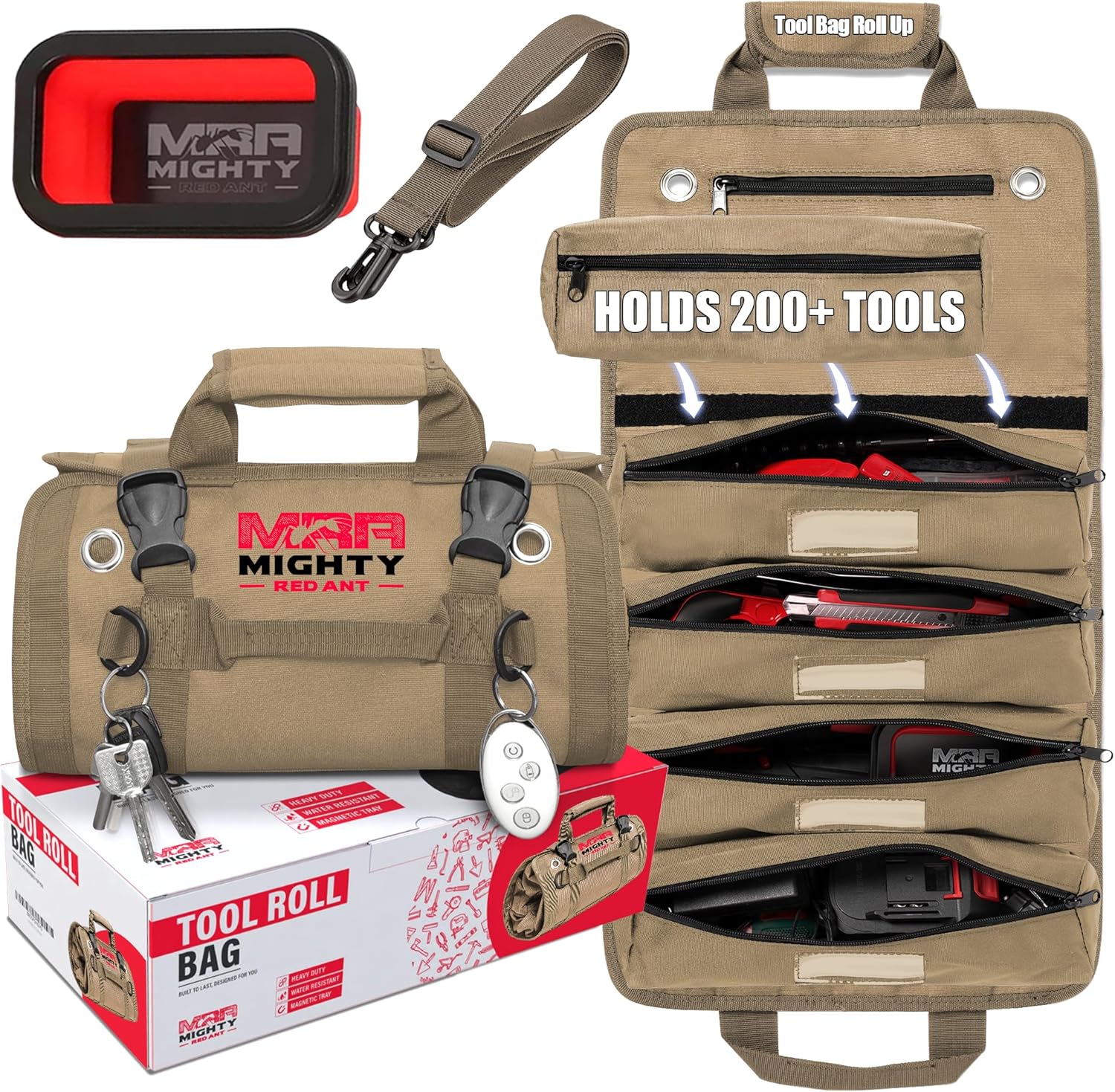 Khaki Tool Roll Bag Organizer with Magnetic Plate