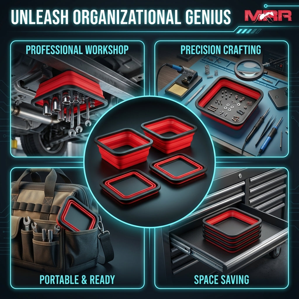 Red Collapsible Silicone Magnetic Parts Trays (4-Piece Set)